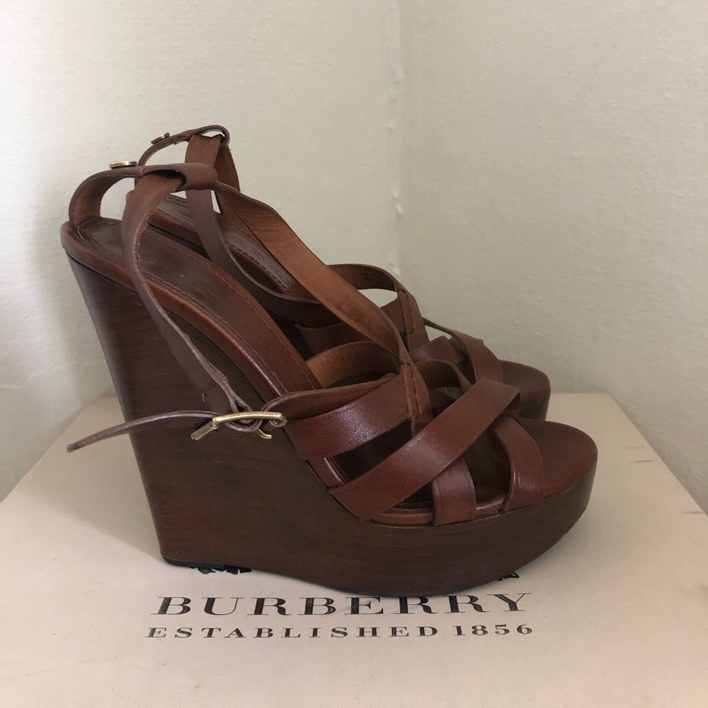 Burberry Brown Leather Slingback Wedge Sandals